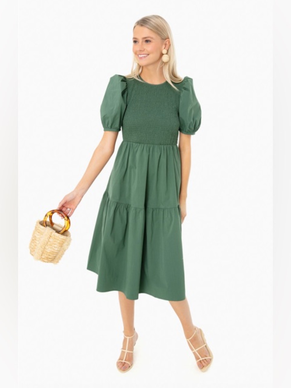 Tuckernuck Green Puff-Sleeve Smocked Midi Dress
